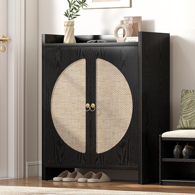 Shoe Cabinet Storage for Entryway - Rattan Entry Way Shoe Storage Cabinet with Adjustable Shelves, Wood Shoe Organizer Cabinet, Accent Cabinet with Doors for Entrance Hallway Living Room Foyer