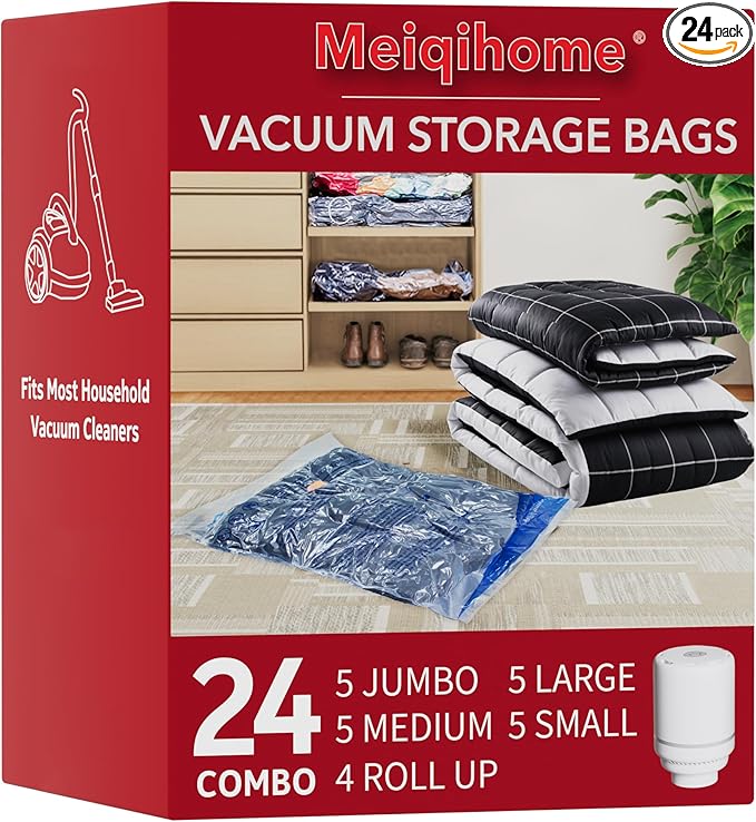 Vacuum Seal Bags for Clothing Travel & Home Storage, travel vacuum bags with pump, Store Blankets, Comforters, Pillows, Seasonal Clothes Compactly,24 Pack With Electric Pump