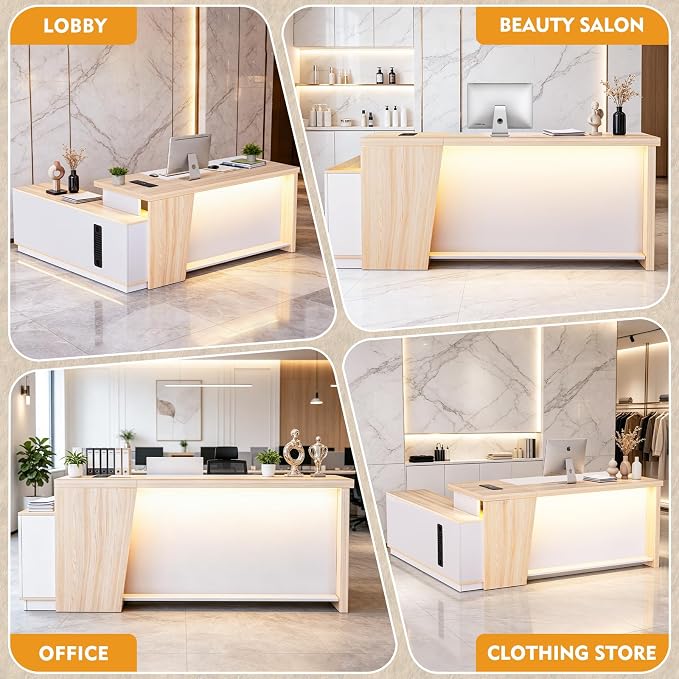 Ceridwen L-Shaped Large Wooden Reception Desk with LED Ambient Light, Power Outlet & Lockable Drawers, Modern Corner Office Desk with Storage & Charging Station for Home Office & Business