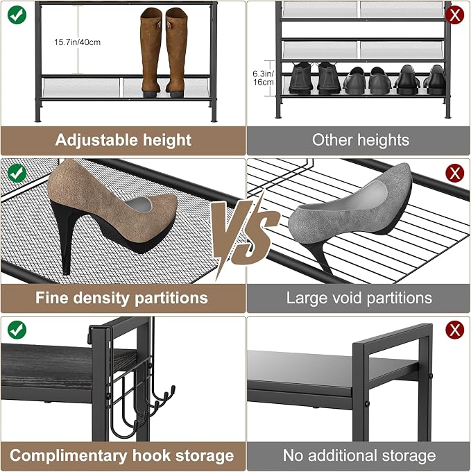 Shoe Rack for Front Door Entrance, 5 Tier Height-Adjustable Metal Shoe Rack , Sturdy Wooden Top and Tiltable Steel Frame Heavy Duty Shoe Organizer for Bathroom,Bedroom,Kitchen, Include Hook, Black