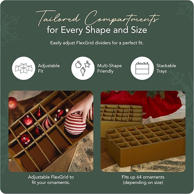 Covermates Keepsakes Adjustable Ornament Storage Box – Heavy-Duty Polyester, Padded Dividers & FlexGrid Trays – Protective Holiday Organizer with Stackable Walls & Label Window, Green Snowflake