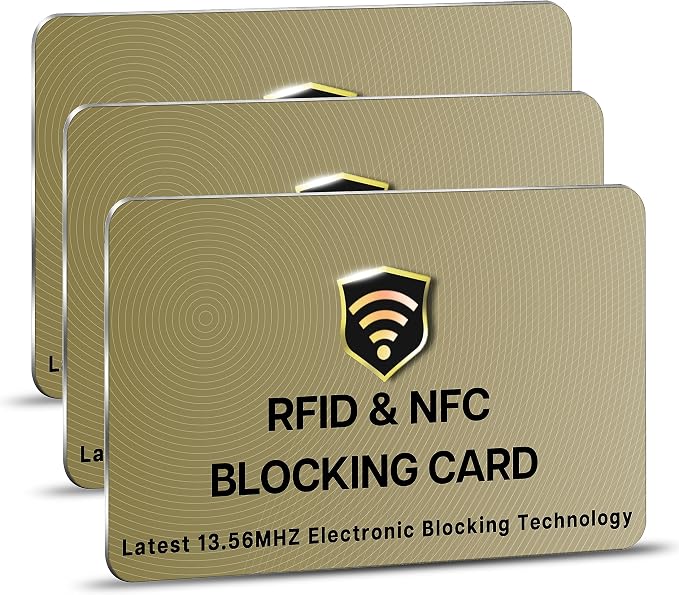 SaiTech IT 3 Pack RFID Blocking Card for Credit Debit ID Card, Golden | Slim Anti-Theft Contactless NFC RFID Blocker Protector, Easily Fit into Wallet and Purse, for Men & Women