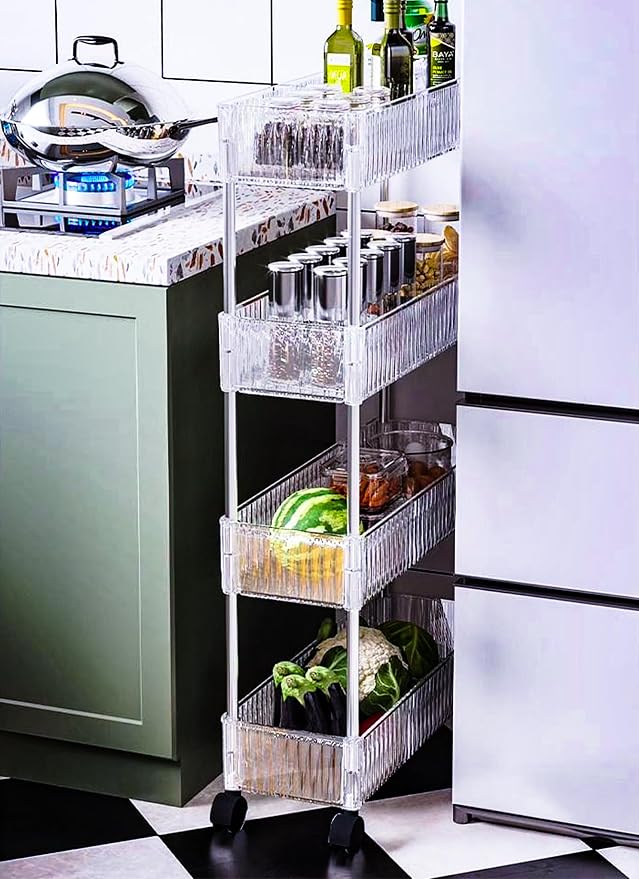 4-Tier Plastic Rolling Utility Cart with Wheels, Multifunctional Storage Organizer Cart for Home, Office, Kitchen & Bathroom, Narrow & Clear, 6.7”W * 12.8”L * 33”H