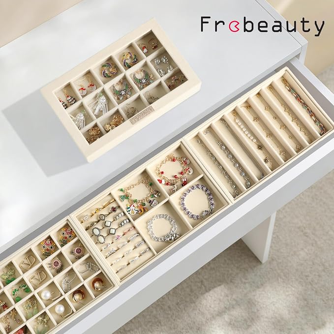 Frebeauty Stackable Jewelry Trays,Set of 4 Jewelry Organizer for Drawer | Glass Lid,Removable Dividers,Real Stackable Design,Velvet Material,Drawer Inserts,Jewelry Box for Earring Rings and Necklace