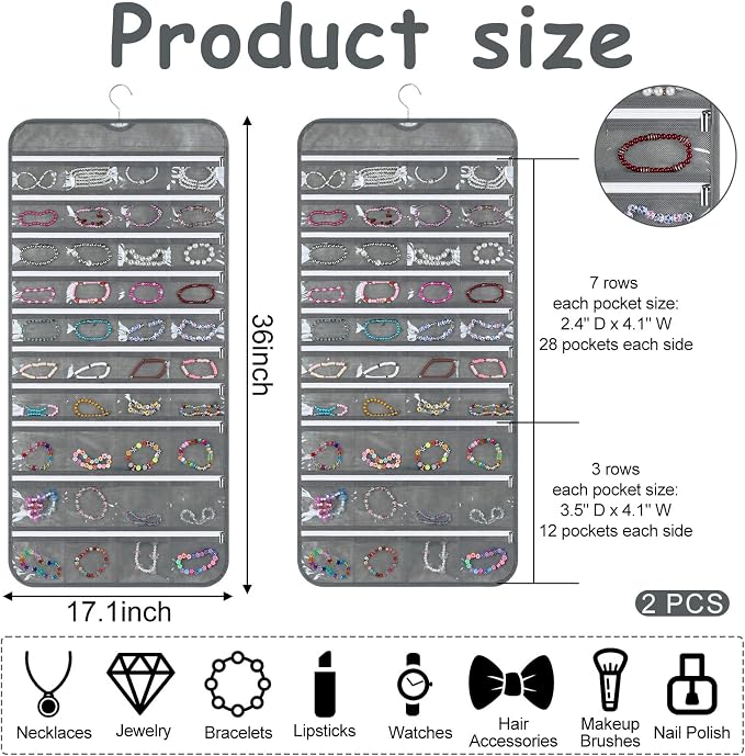 SynHHergyx 2 Pack Zippered Pocket Hanging Jewelry Organizer Dual-Sided Zipper Jewelry Holder Hanging Storage Organizer for Holding Earrings Bracelets Rings, Each with 80 Zippered Pockets