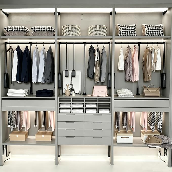 Black 35"-48" Pull Down Closet Rod Stainless Steel 60lbs Load Capacity | Heavy Duty Adjustable Hanging Closet Rod,Side & Back Mounted Black Pneumatic Closet Valet Rod for Wardrobe