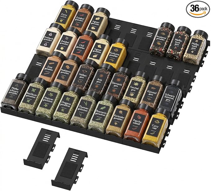 Lifewit Spice Drawer Organizer, 36PCS Interlocking Spice Rack for Drawer, Adjustable Seasoning Drawer Organizer with Non-Slip Pads, Spice Organization & Seasoning Storage for Kitchen Cabinet, Black