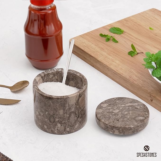 Marble Salt Cellar 3 Inch Flaky Salt Containers for Countertop - Sugar Bowl With Lid, Salt Holder, Spice Jars, Salt Box for Seasoning Storage Container, Salt Dish for Kitchen Decor