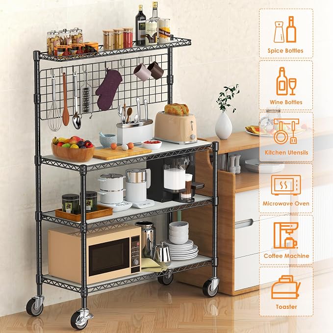 Bakers Rack with Storage & Wheels, 42In Microwave Stand Kitchen Shelves | 4-Tier Heavy Duty Storage Rack with 20 S-Hooks, Commercial Metal Utility Kitchen Cart, 42× 18× 63 Inch, Black