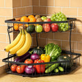 2 Tier Extra Large Fruit Basket for Kitchen Counter - Detachable Metal Fruit Bowl with 2 Banana Hangers for Corner, Large Capacity Fruit Stand with Wooden Handle - Black