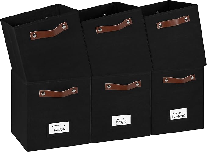 FinishingBo 10.5" x 11" Storage Bins with Labels 6 Pack | PU Leather Handles, Foldable Storage Cubes, Storage Baskets, Closet Storage, Black