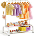 Kids Clothes Rack for Ages 3-6, Montessori Kids Clothing Rack, White | Kids Dress Up Rack with 2 Fabric Storage Shelves & Side Hooks, Toddler Wardrobe Rack for Costumes, Princess Dresses and Shoes