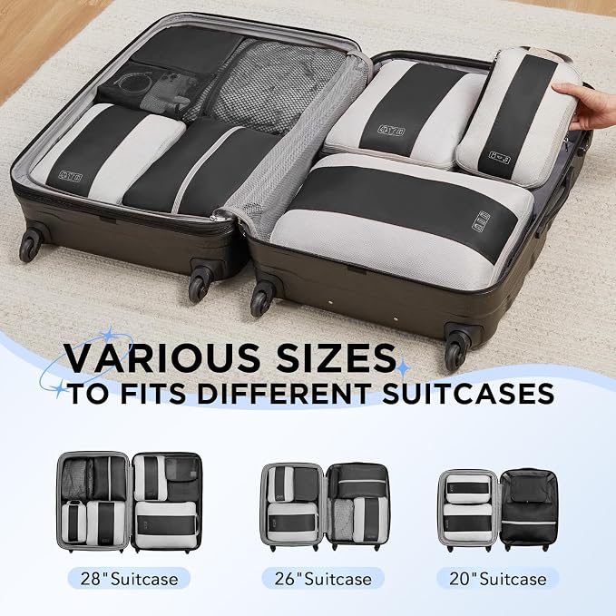 OlarHike 8 Set Compression Packing Cubes for Travel Essentials,Compressible Expandable Space Saver Bags for Organizing Clothes,Luggage Suitcase Garment Bags with Over 1000 pcs Mesh Holes(Black)