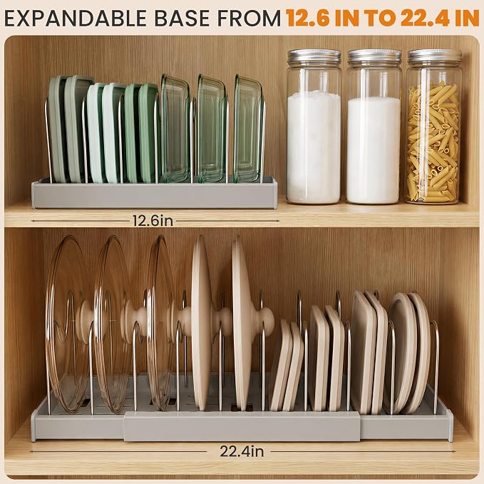 2 Pack Expandable Pot Lid Organizers with 10 Adjustable Dividers | 12.6-22.4 Inch Pots and Pans Organizer Rack Under Cabinet, Countertop, Pan Lids, Bakeware, Food Container Lids, Grey