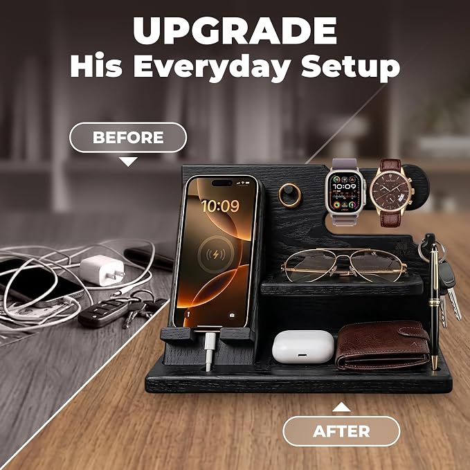 TESLYAR Wood Phone Docking Station for Men - Desk or Nightstand Organizer - Birthday Gifts for Husband, Dad - Anniversary Idea from Wife - Key Holder, Stand Wallet, Watch & Essentials (Granite Black)