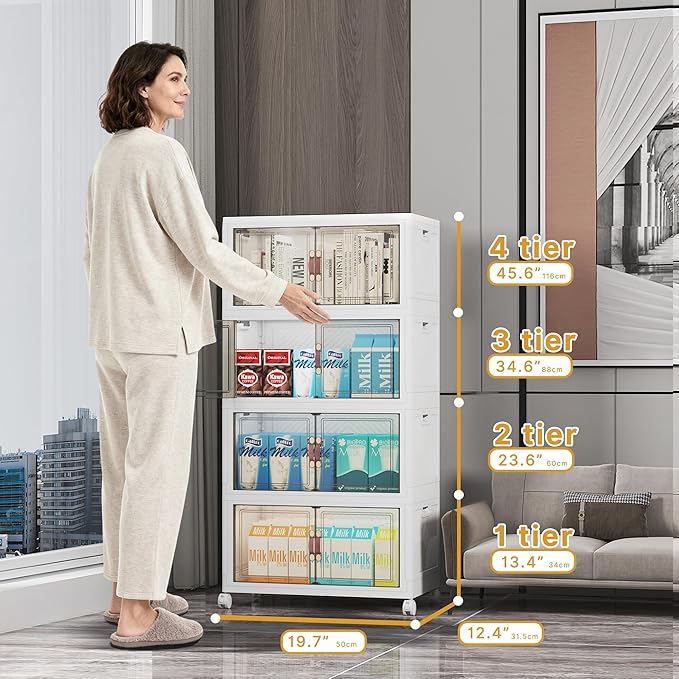 UAMFURI Stackable Storage Bins with Lids, Extra Large Plastic Organizer Cabinet Drawers, 192QT Collapsible Closet Containers with Doors and Wheels,For Bedroom, Kitchen, Office, Garage,(4Pack Cube)