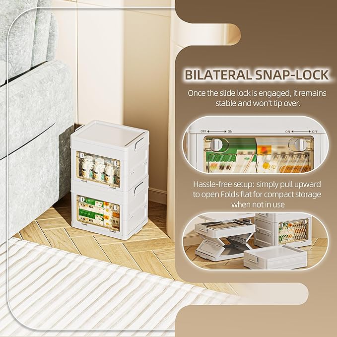 12 QT / 3 Gal Foldable Storage Cabinet with Clear Double Doors Organizer, Transparent Front & Back, Pull to Setup, Rolling Storage Bin for Closet/Living Room