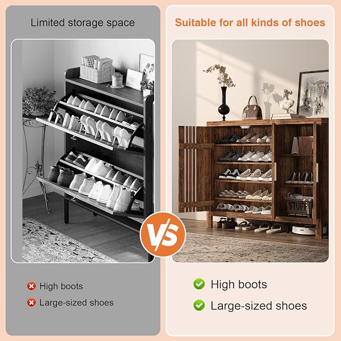 UNIQUITE Shoe Storage Cabinet with 3 Shutter Doors, 30 Pairs Shoe Cabinet with Adjustable Shelves, 5-Tier Large Shoe Rack Organizer for Entryway Hallway Living Room, Walnut