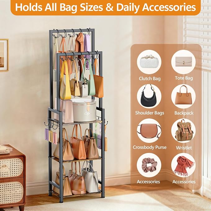 Tall Purse Organizer with Double Rods:Purse Rack Stand with 10 Purse Hanger & 6 Side Hooks,Visible Backpack Handbag Storage, Space-Saving Bag Organizer Rack for Home, Closet, Small Space,Black