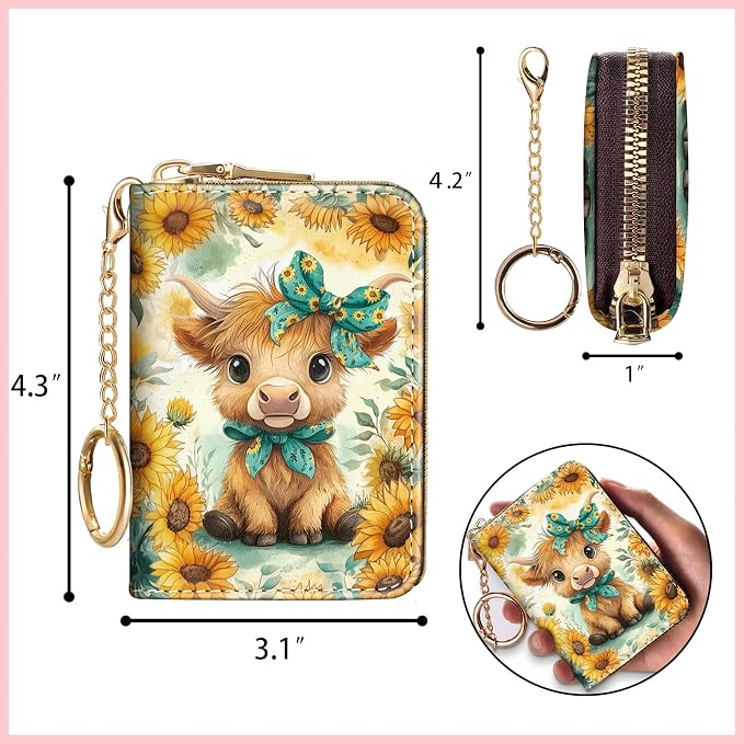 Blusabaca RFID Credit Card Holder Small Women Travel Wallet, Highland Cow | Removable Keychain, Case with Zipper, Vegan PU Leather, Cash Coin Pocket, Business Accordion Purse, Ladies Female Gift