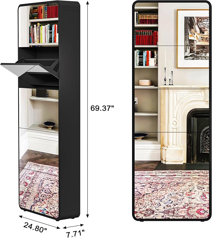 Mirror Shoe Storage Cabinet with 5 Flip Drawers, 15 Pairs | Real Glass Mirror | Fits Men's Size 15 | Entryway Organizer | Narrow Freestanding | Space-Saving | Black