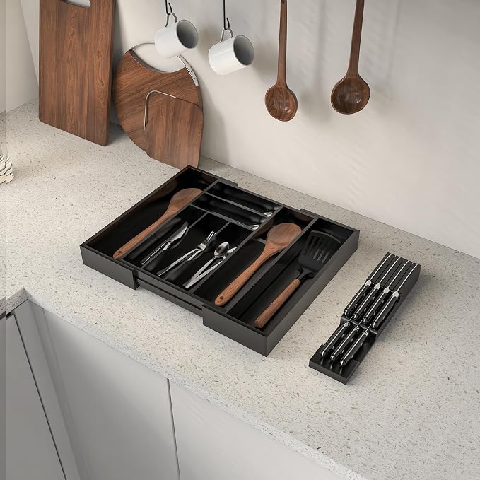 Bamboo Kitchen Drawer Organizer, Expandable Silverware Organizer with Removable Knife Block, 6-8 Slots- Utensil Holder & Cutlery Tray Drawer Dividers, 2.36" Deep for Extra Capacity, Black