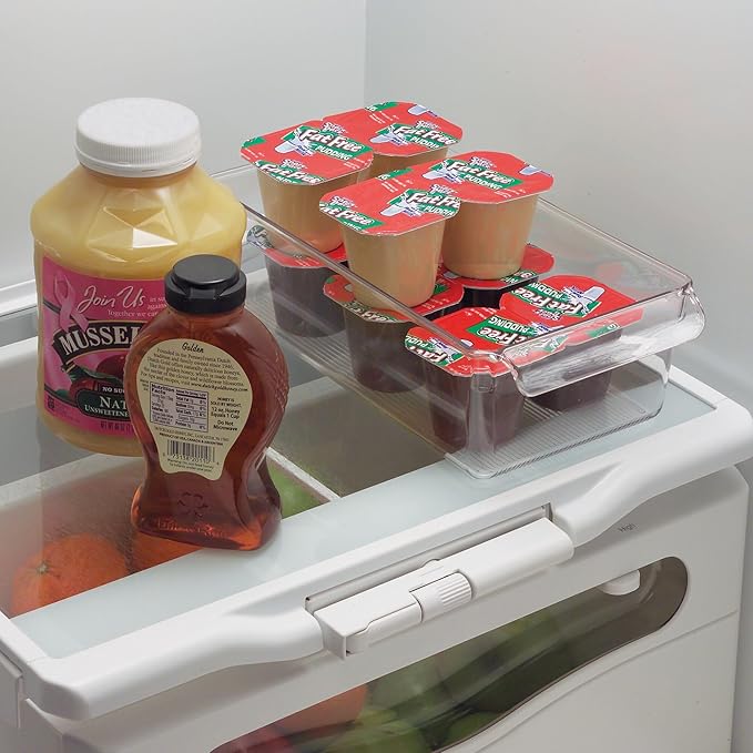 iDesign Fridge Storage Bin with Handle, Set of 4, Clear | Fridge Tray for Meats and Cheeses