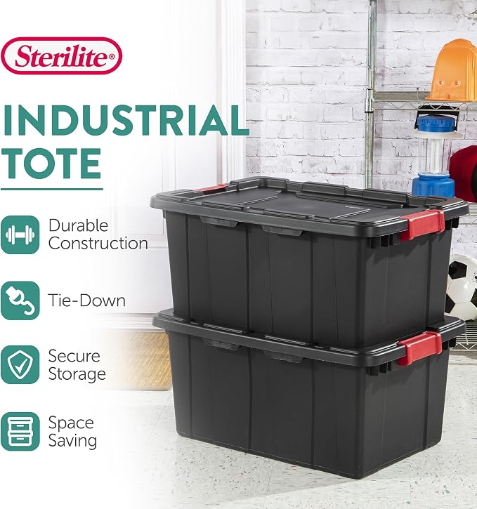 Sterilite 18-Pack Industrial Tote, Plastic Storage Bins with Lids, 15 Gallon, Black - Heavy-Duty Organizing Containers for Closet, Bathroom, and Office
