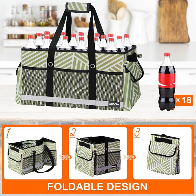Upgrade Extra Large Utility Tote Bag with Reflective Strip, Standing Reusable Grocery Bags with Hard Bottom, Collapsible Utility Tote with Handles for Shopping, Beach, Picnics, Car, Twill Green