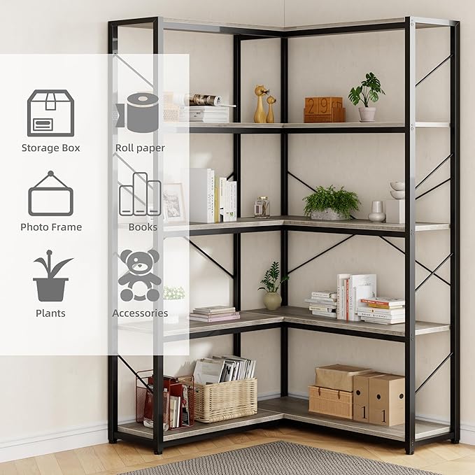 Shintenchi 5 Tier Corner Bookshelf,L Shaped Bookcase,Large Etagere Bookcase,Corner Shelf Display Storage Rack with Metal Frame for Living Room Bedroom Office,Grey