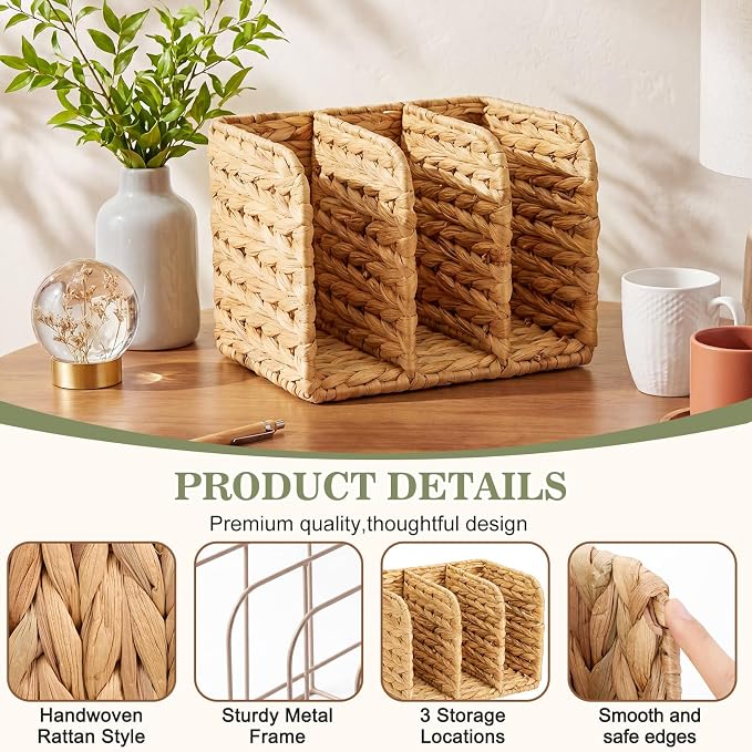 Novabright Water Hyacinth Magazine Holder, Wicker Rattan File Organizer, 3 Vertical Compartments Desktop Paper Sorter for Binders, Notebooks, Envelopes, Woven Boho Office Desk Organizer