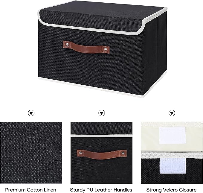 ANMINY 2PCS Storage Bin with Lid Storage Boxes with PU Leather Handles PP Plastic Board Decorative Foldable Lidded Cotton Linen Fabric Home Cubes Baskets Closet Organizer Container - Black, Medium