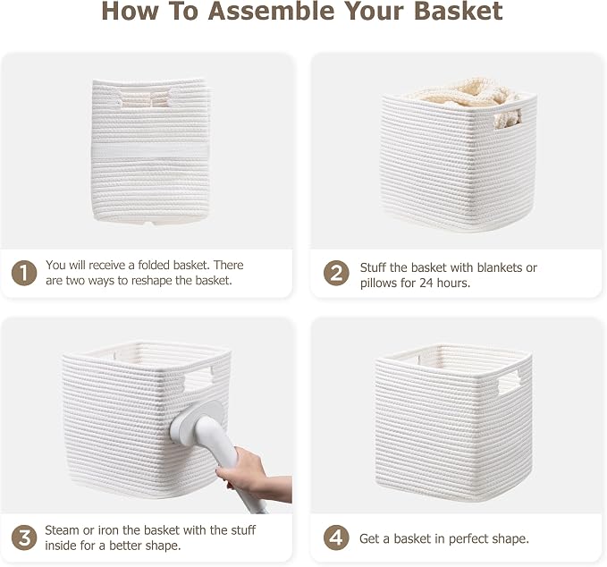 UBBCARE Set of 4 Cotton Rope Basket 12 X 12 X 12 Inches, Woven Storage Baskets for Shelves, Organizing with Handles, Cube Storage Bins for Storage Books, Magazines, White