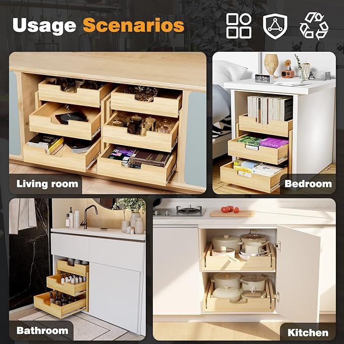 Pull Out Cabinet Organizer, 20''W×21''D Sliding Drawers for Cabinets, 1 Tier Soft Close Slide Out Wooden Pull out Drawers, Base Cabinet Organization for Kitchen, Pantry, Bathroom