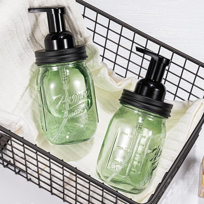 Amolliar 16OZ Green Glass Mason Jar Foaming Soap Dispenser, Plastic Pump & Stainless Steel Lid, Refillable Hand Soap Dispenser for Kitchen Bathroom, Farmhouse Decor for Foaming Dish Soap, Black 2 Pack