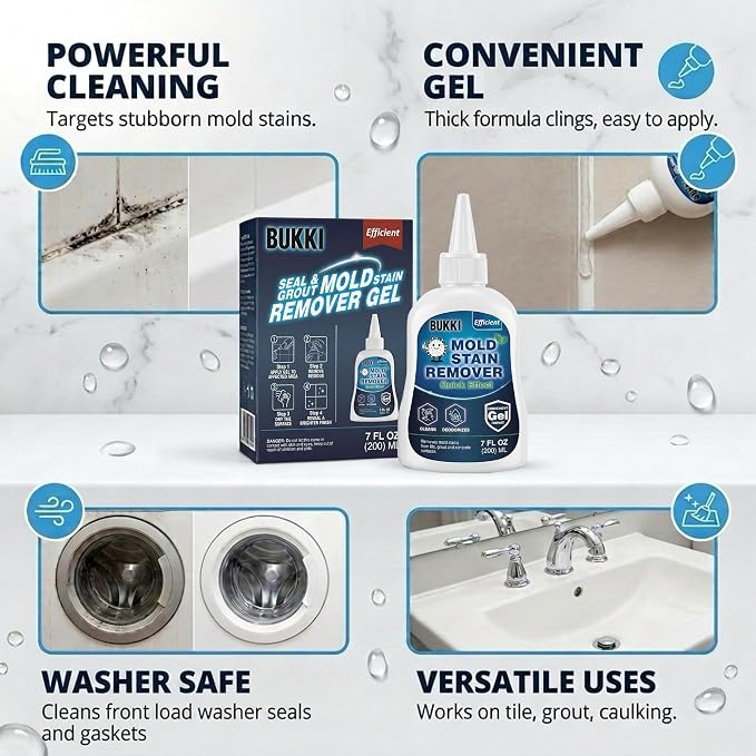 BUKKI Professional Mold Stain Remover Gel (7 FL OZ), Heavy Duty Thick Gel for Shower Grout, Front Load Washer Seals, Caulking, Bathrooms, Sinks and Tile