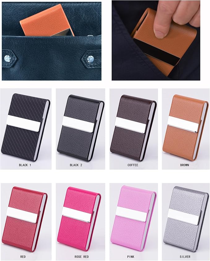 Business Card Holder with Ultra Slim Design,Business Card Case with Premium PU Leather, Suit Pocket Metal Card Holder for Women/Men,Professional Name Card Holder with Magnetic Shut (Brown)