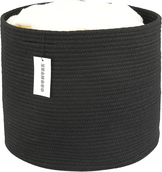 XUANGUO Cotton Rope Woven Basket, 16x14 in Kids Laundry Basket black | Round blanket basket and small laundry basket; baby hamper or nursery storage bin for girls, boys, toys, clothes and shoes