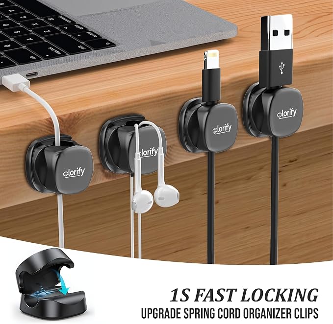 Rotatable Cable Clips 8 Pack Spring Cable Holder Clips 360° Rotatable | 1-Hand Use, Adhesive Cable Clips for Nightstand, Desk, Phone Charger Cord Holder, No-Residue, Fits 2.5–8mm Cables