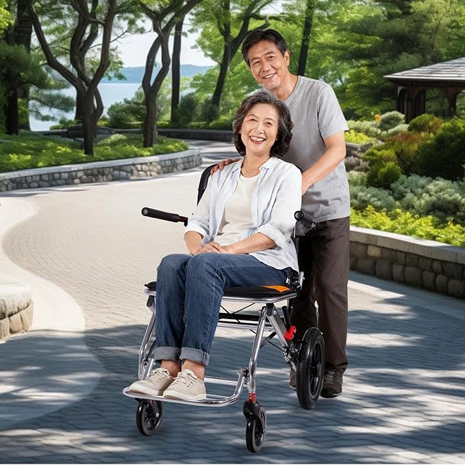Ultra Lightweight Foldable Wheelchair, Only 19.8 lbs, Airline Approved, 300 lbs Capacity, One-Second Fold, All-Terrain Wheels, Compact Transport Chair for Adults Seniors (Black-Orange)