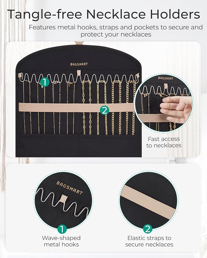 BAGSMART Hanging Jewelry Organizer Claw Clip Necklace Holder Roll for Hair Ties, Headbands, Clips, Earrings, Necklaces, Glasses Double-Sided on Closet, Wall, Door, 1 piece, Large-Light Beige