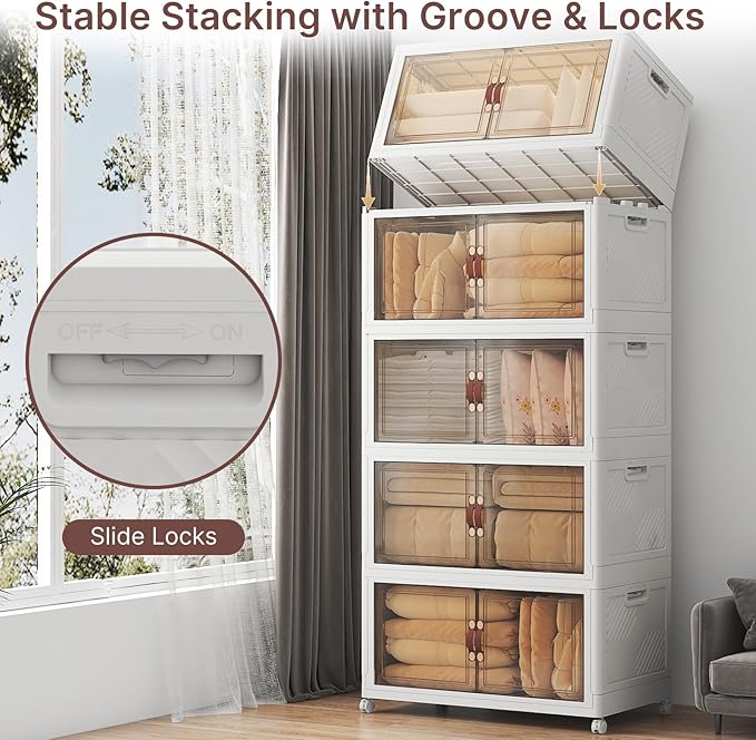 Stackable Storage Bins with Lids, Collapsible Storage Boxes, Foldable Plastic Storage Drawers for Bedroom,Office, Dorm (5, White, XL)