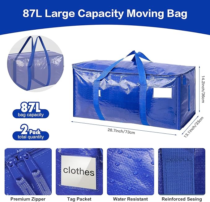 Extra Large Storage Bags, 23 Gallon Capacity, Pink Waterproof Moving Totes with Handles and Label Pocket, Heavy Duty Zipper (2 Pack Blue)