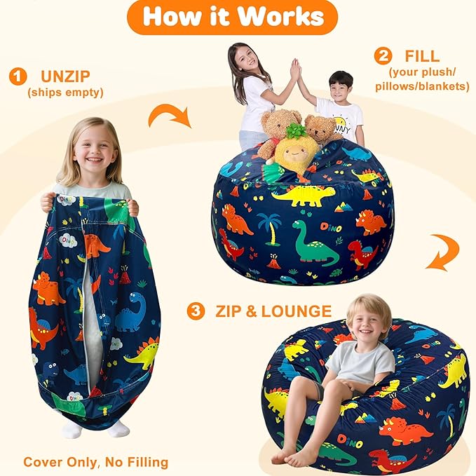 Lukeight Dinosaur Stuffed Animals Storage Bean Bag Chair Cover Only (Ships Empty, No Filling) - Velvet YKK Zipper Beanbag Cover for Toddlers and Kids, Washable Plush Toy Organizer, Large 27" D x 16" H