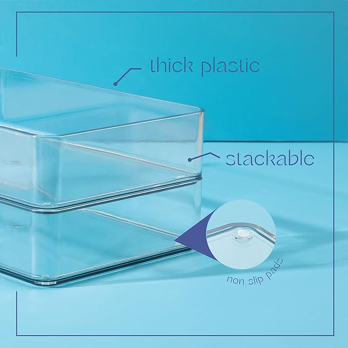 primebox Six Pieces - Clear Plastic Drawer Organizer Bins - Stackable, Non-Slip, 3 Sizes