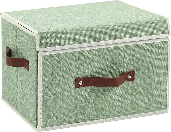 Storage Bins Box with Lids Front Opening Window Decorative Cotton Linen Fabric Basket PU Leather Handles Washable PP Board Foldable Shelf Closet Organizer Container (Light Green, Large)