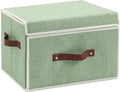 Storage Bins Box with Lids Front Opening Window Decorative Cotton Linen Fabric Basket PU Leather Handles Washable PP Board Foldable Shelf Closet Organizer Container (Light Green, Large)