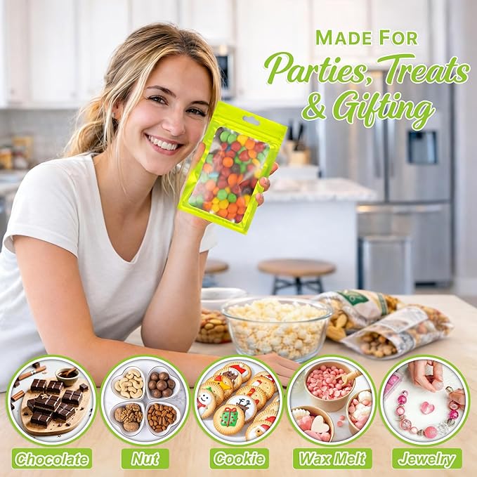 100 PCS Resealable Mylar Bags with Zipper and Frosted Clear Window Smell Proof Packaging Bags Foil Pouch Zipper Bag for Food Self Sealing Storage Supplies (Green, 3.14x5.11)
