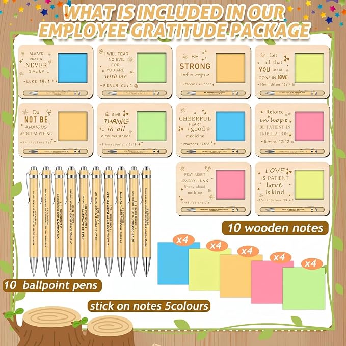Kosiz 10 Set Back to School Teacher Christian Gifts Bulk Wooden Sticky Note Holder with Notes and Ballpoint Pens Christian Thank You Gift for Teacher Team Employee Office Supplies