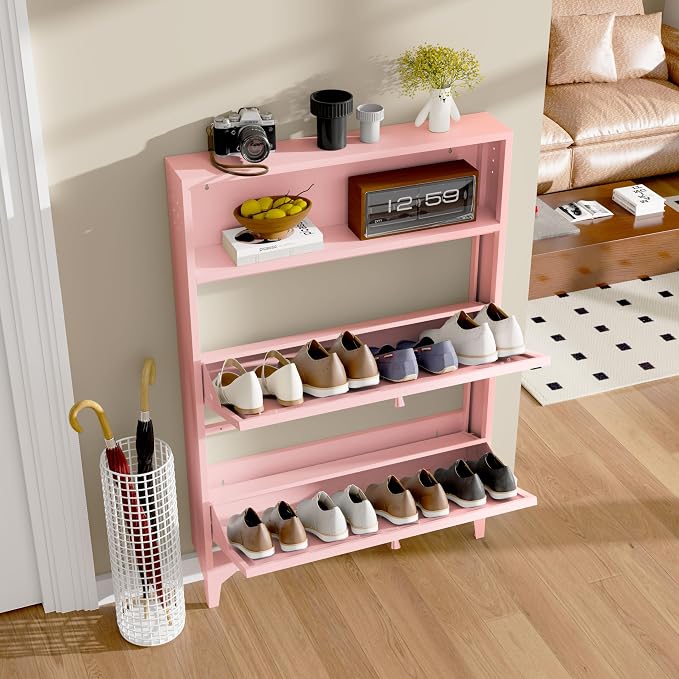 Shoe Cabinet with 2 Flip Drawers and Open Top Space-Metal Narrow Shoe Rack for Entryway,Hallway,Living Room-Hidden Metal Shoe Cabinet-Freestanding Shoe (2 Door, Pink)
